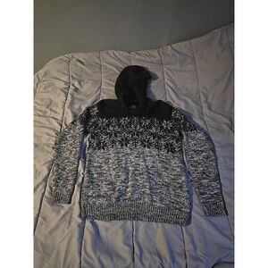 Acrylic knit hooded sweater, Cabin Fever brand, marled black and white pattern